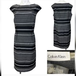 Calvin Klein plus size 16w black gray striped cap sleeve sheath dress.
